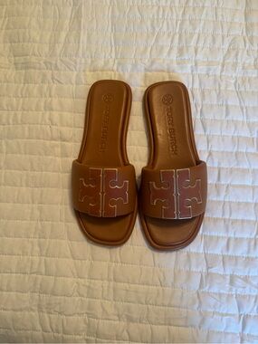 Tory Burch Cognac Leather Logo Slide Sandals